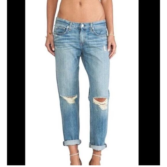 Rag & Bone Distressed Boyfriend Jeans Moss with Holes Size 27 Blue - Picture 1 of 10